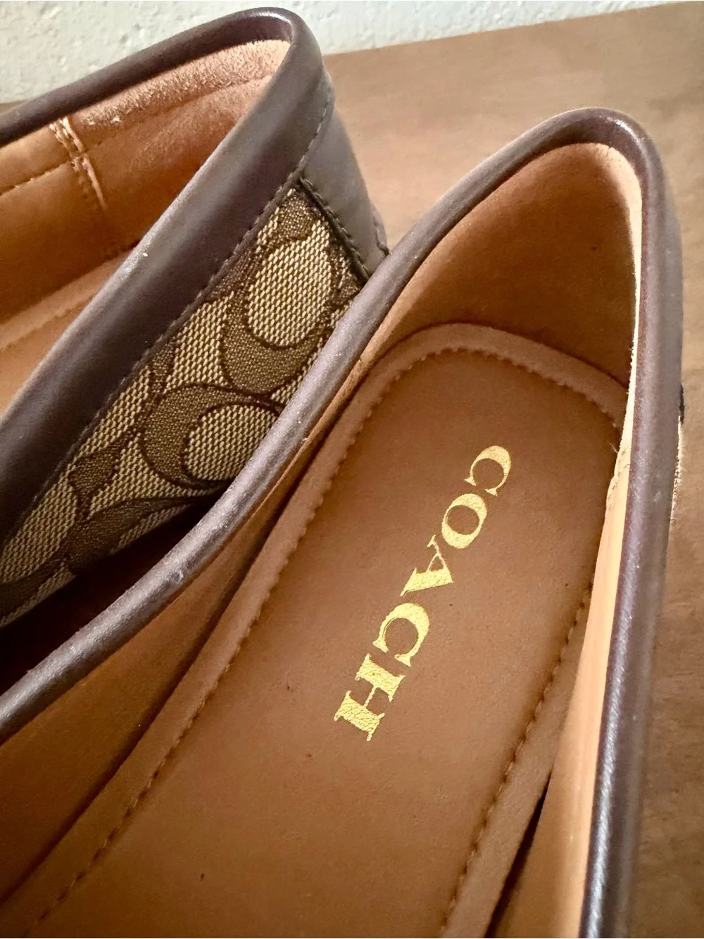 Coach Tan & Brown Signature Canvas Loafers with Gold Plaque